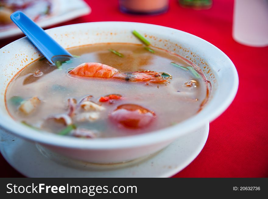 View of prawn and some other stuff in Tomyam Soup. View of prawn and some other stuff in Tomyam Soup