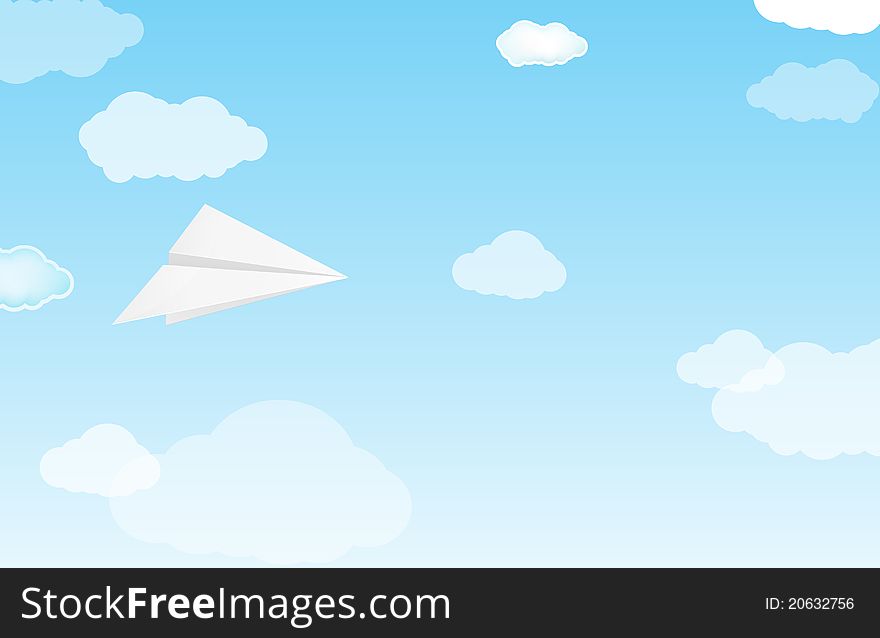 White paper plane on sky and cloud background