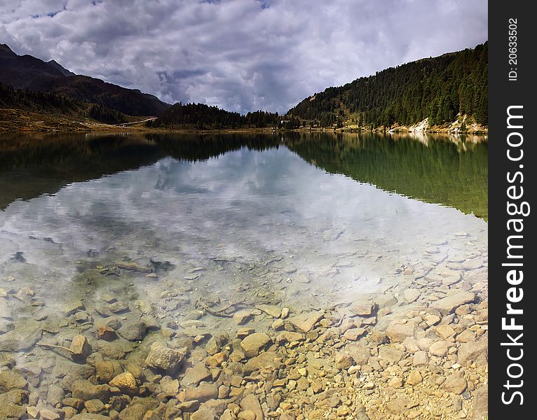 Panoramic view of lake in Austrian Alps, Tirol. Panoramic view of lake in Austrian Alps, Tirol