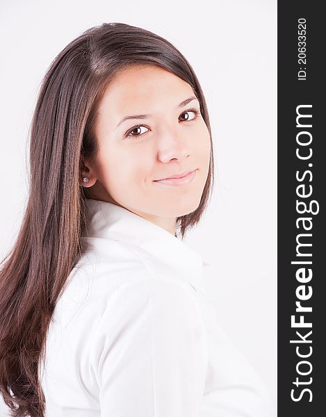 Portrait of happy smiling cheerful young business woman in glasses, isolated on white background