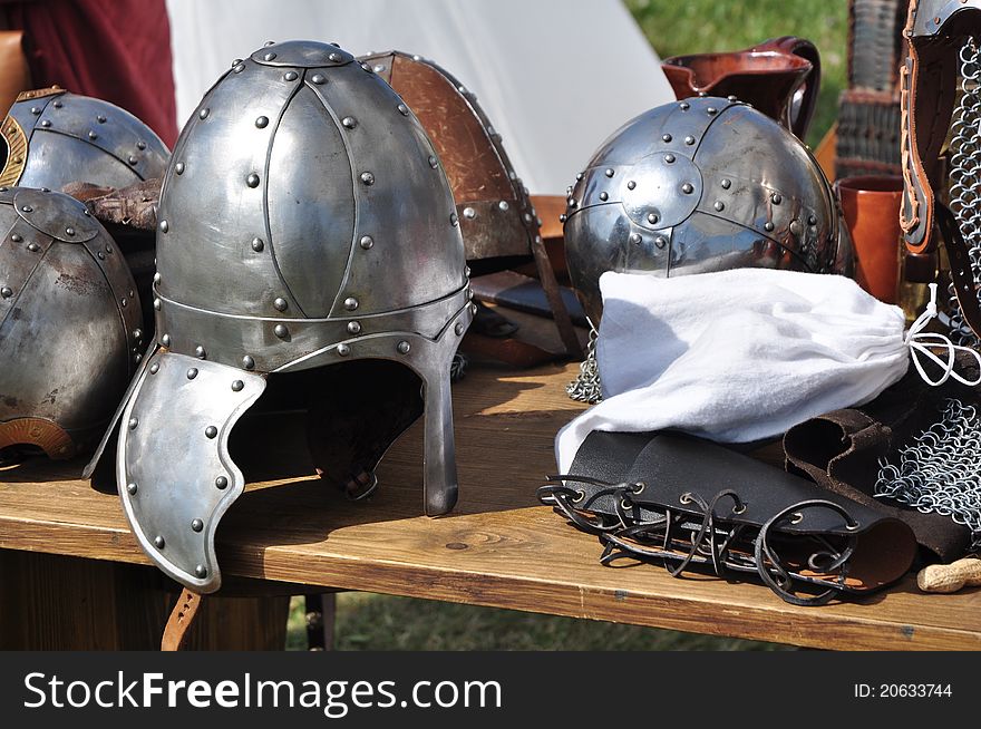 Display of medieval metal helmets. Display of medieval metal helmets