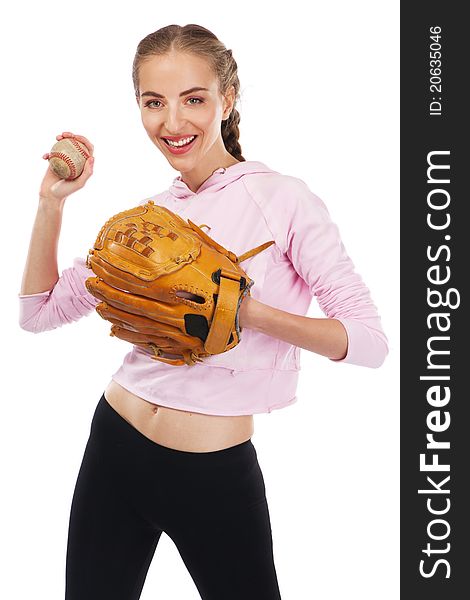 Beautiful woman with baseball equipment, isolated on white background