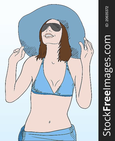 Young woman in blue beach clothes and sunglasses smiling