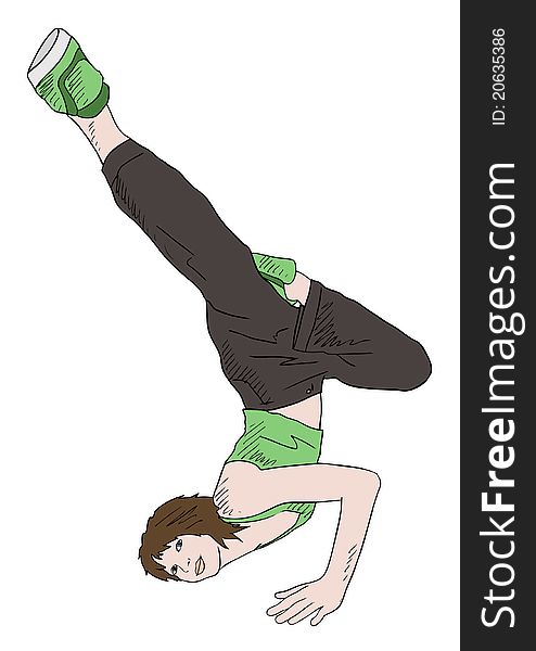 Girl in green shirt in breakdance pose