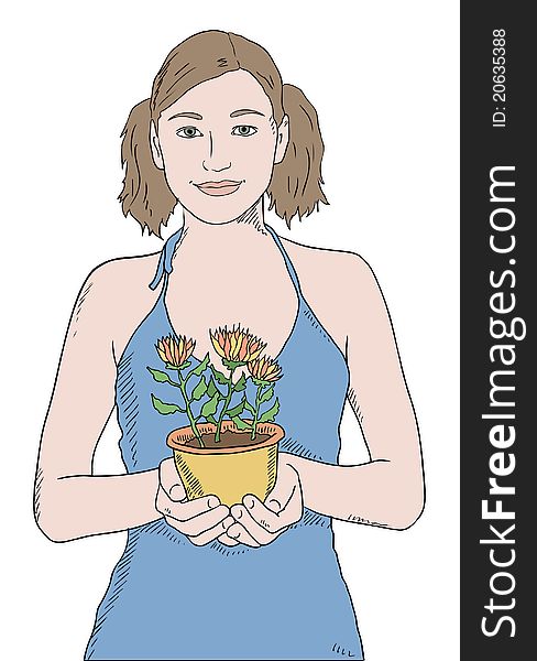 Girl in blue shirt with potted plant. Girl in blue shirt with potted plant