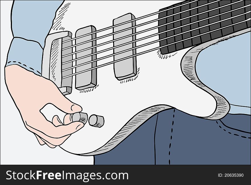 Closeup of man in blue clothes tuning guitar. Closeup of man in blue clothes tuning guitar
