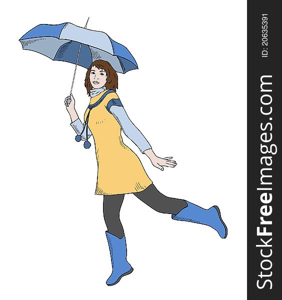 Girl in bright clothes with umbrella jumping. Girl in bright clothes with umbrella jumping