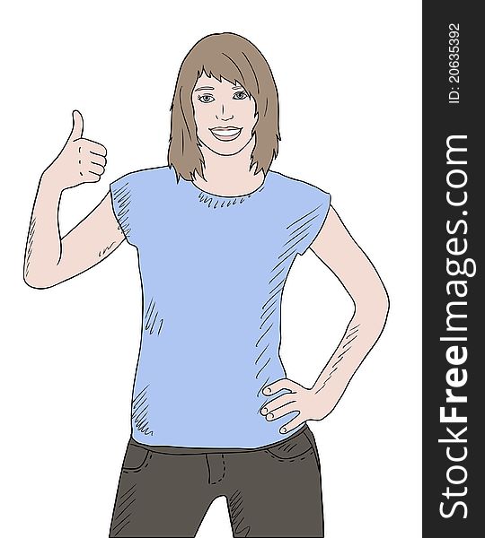 Girl in blue shirt smiling and making thumbs up gesture. Girl in blue shirt smiling and making thumbs up gesture
