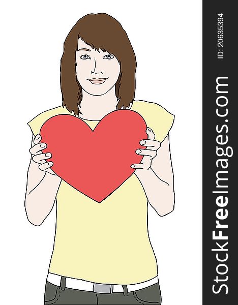 Young girl holding red heart and smiling