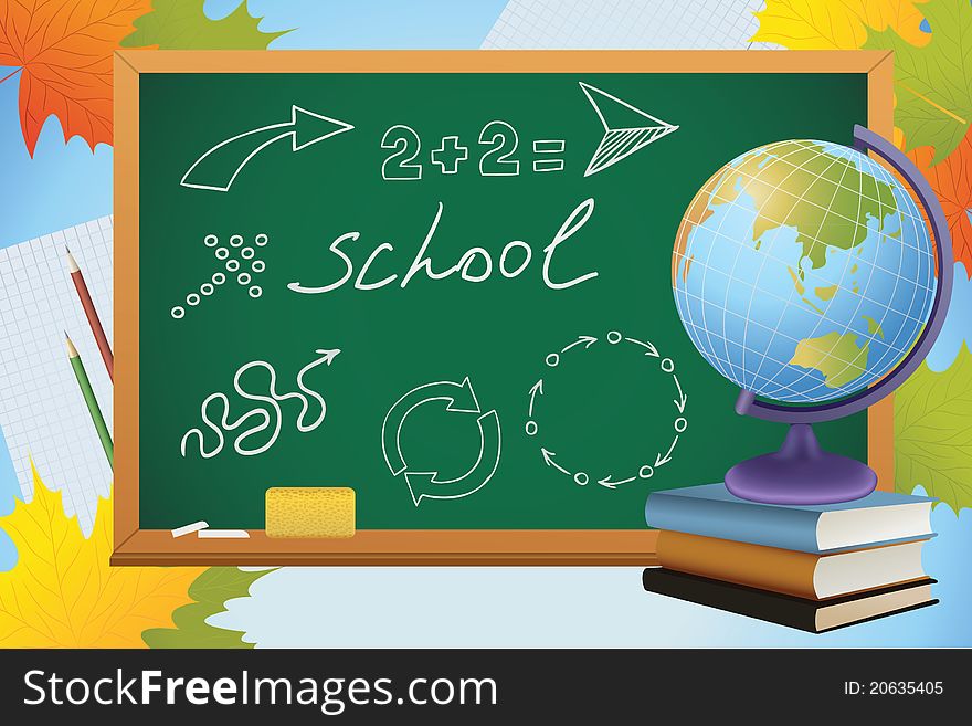 School background with symbols on blackboard