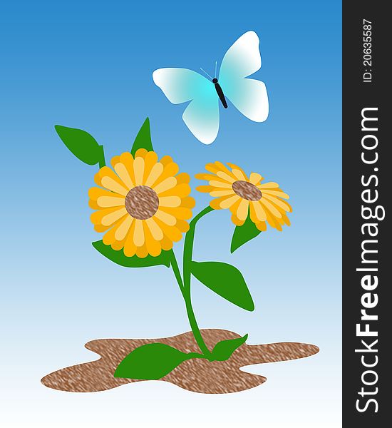 Pretty blue butterfly and golden flowers illustration. Pretty blue butterfly and golden flowers illustration