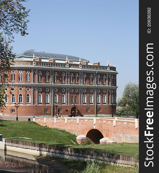 View of the Bread House and of the red bridge in Tsaritsyno. View of the Bread House and of the red bridge in Tsaritsyno