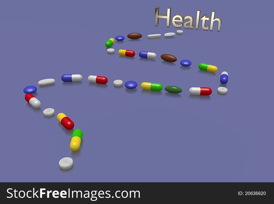 Winding trail of pills leading to golden health. Winding trail of pills leading to golden health
