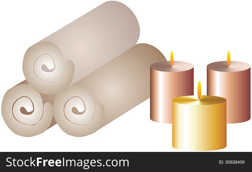 A  illustration of set for spa - towels and candles. A  illustration of set for spa - towels and candles