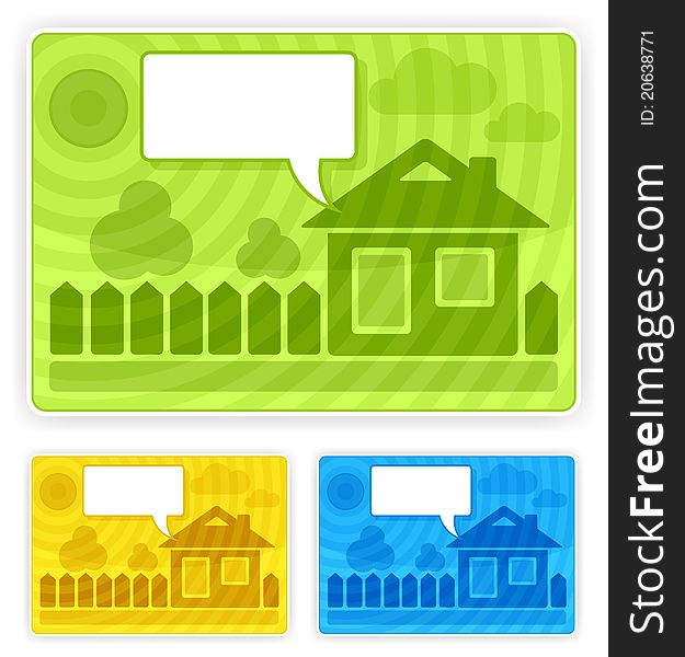 Color sticker with house, fence, plant and blank for dialog, illustration. Color sticker with house, fence, plant and blank for dialog, illustration