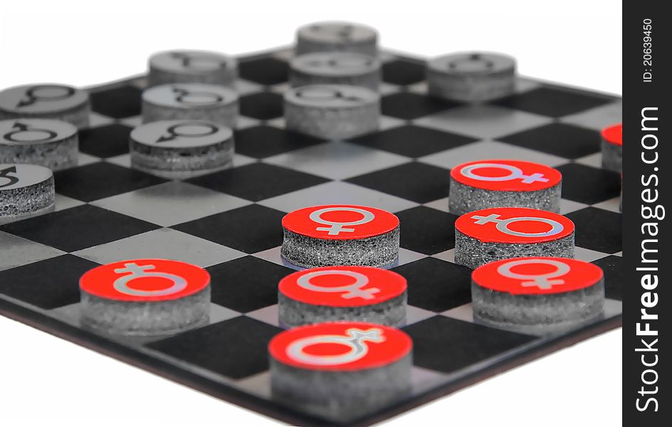 Concept with male and female gender symbols playing checkers. Concept with male and female gender symbols playing checkers