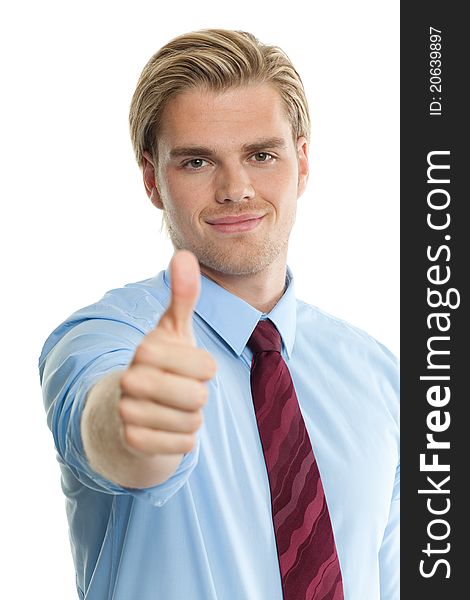 Blond man showing a thumb. Blond man showing a thumb