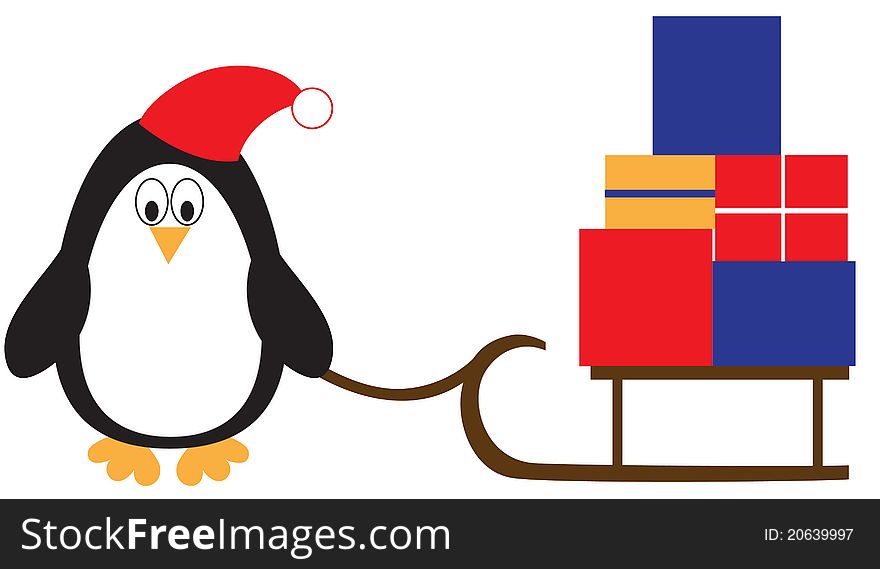 Cute penguin in hat with sledge full of xmas presents. Cute penguin in hat with sledge full of xmas presents