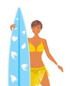 Cool Girl In Yellow Swimsuit With Surfboarв Royalty Free Stock Photos