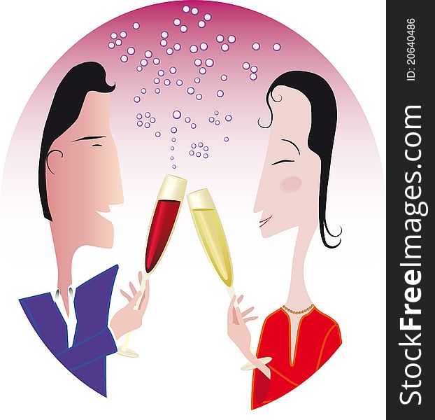 Illustration of a celebrating couple holding wine glasses
