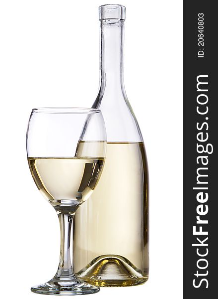 White wine bottle with a wineglass, isolated on white background