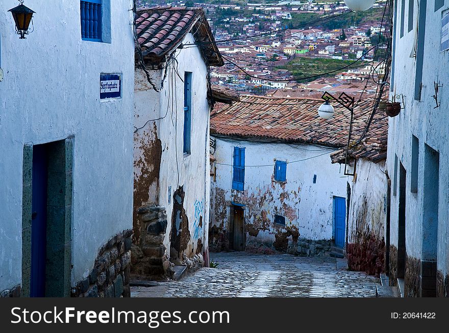 Old narrow street in the center of Cusco Peru