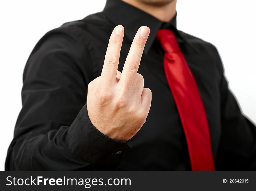 Hand with two fingers up, isolated.