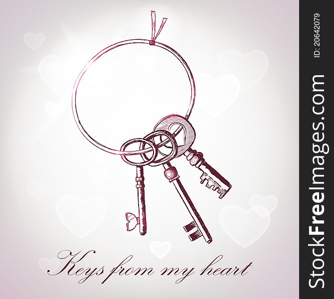 Valentine's Day greeting cards with  three key. Valentine's Day greeting cards with  three key