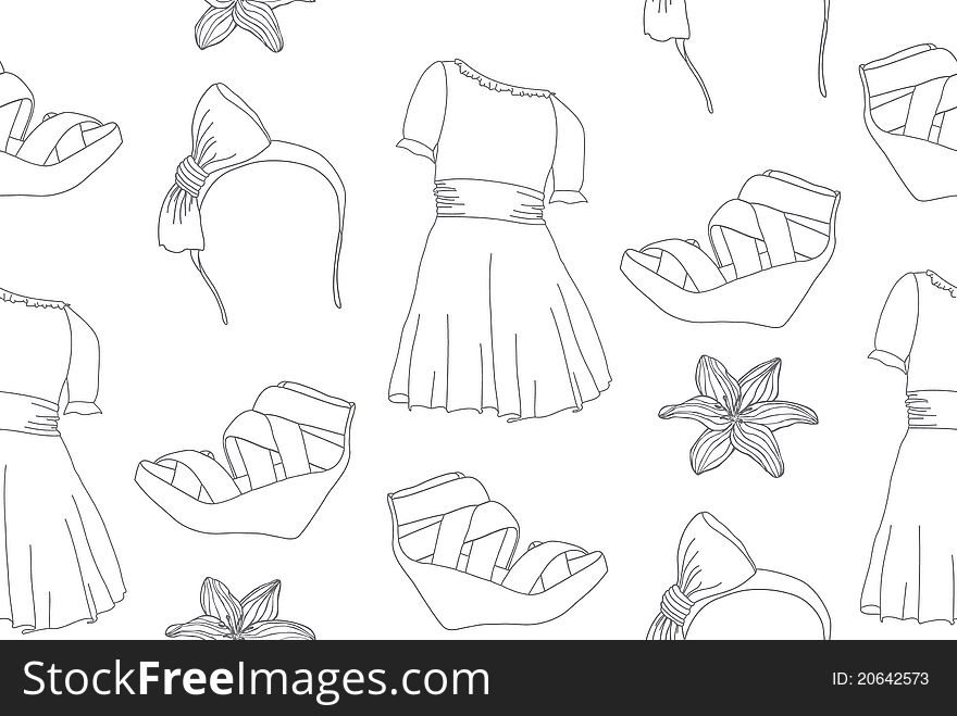 Hand drawn cute fashion seamless pattern with dresses, wedge sandals, headbands and flowers.