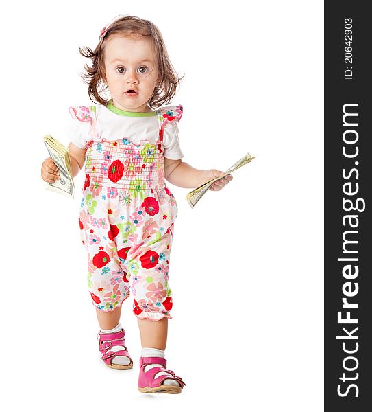 A little girl with money. Isolated on a white background