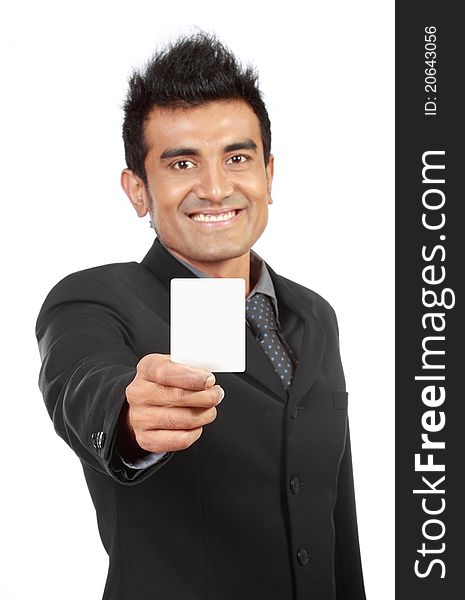 Blank business card presented by a businessman over white