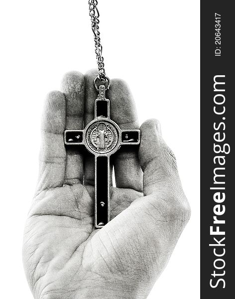 Relgious Cross Necklace In Male Hand. Relgious Cross Necklace In Male Hand