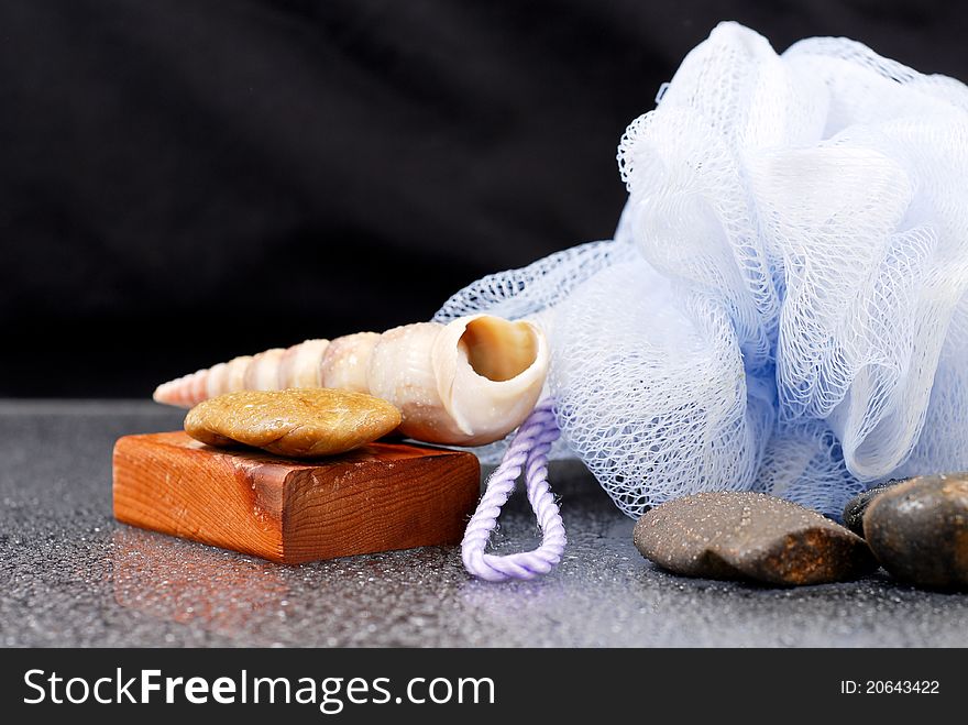 Blue Loofa With Decorational Seashells. Blue Loofa With Decorational Seashells