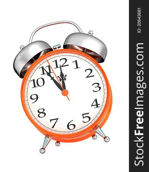 High resolution 3d render of an ringing alarm clock in  retro style isolated on white. Five minutes to midnight. High resolution 3d render of an ringing alarm clock in  retro style isolated on white. Five minutes to midnight