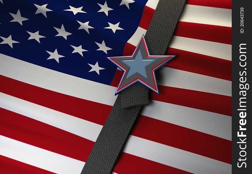 High resolution render of an USA flag constricted by a leather belt with a Star belt buckle. High resolution render of an USA flag constricted by a leather belt with a Star belt buckle.