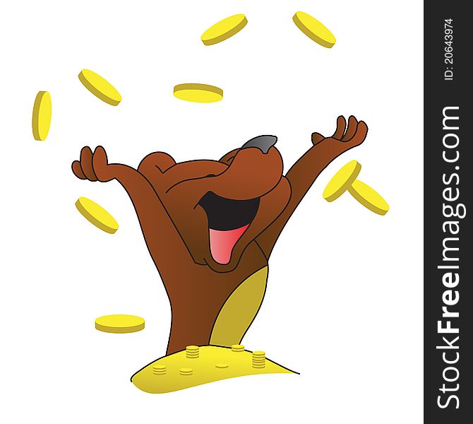 Vectorized cartoon brown bear jumping in a pile of gold throwing gold coins in the air in a happy manner. Vectorized cartoon brown bear jumping in a pile of gold throwing gold coins in the air in a happy manner