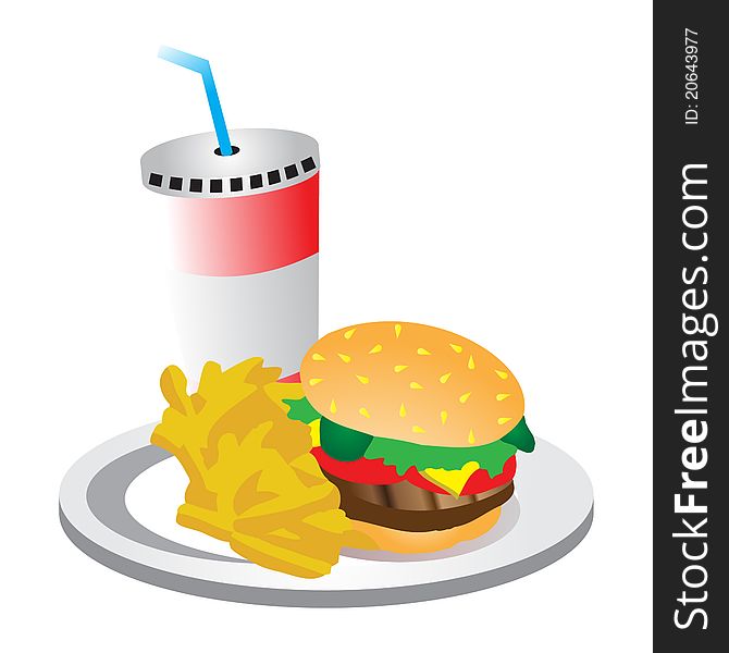 Vectorized cartoon of a burger with chips and a drink in a cup. Vectorized cartoon of a burger with chips and a drink in a cup