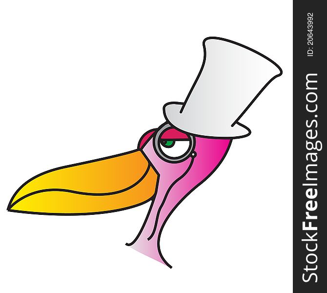 A posh flamingo wearing a top hat and a monocle with a large beak