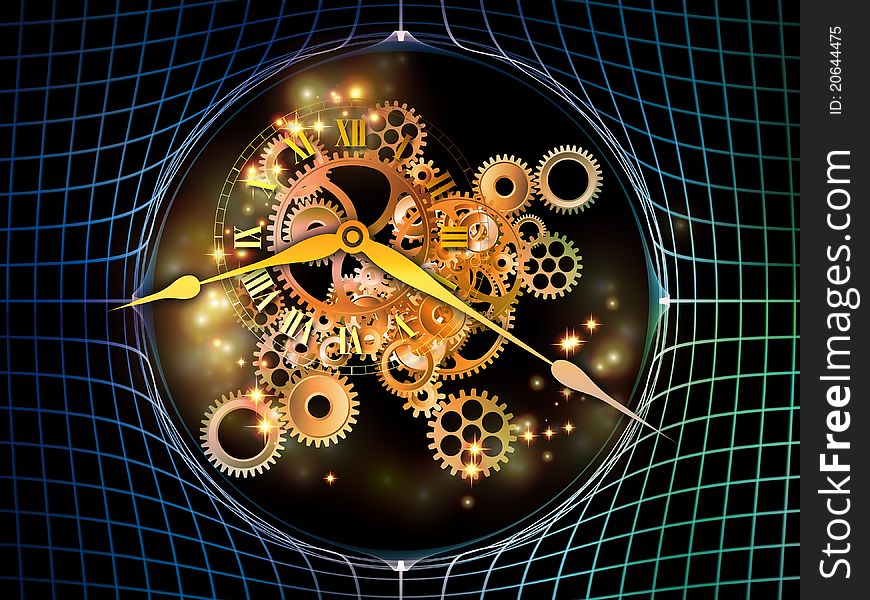 Interplay of elements of a clock and abstract elements on the subject of time, progress, past, present and future of technology. Interplay of elements of a clock and abstract elements on the subject of time, progress, past, present and future of technology