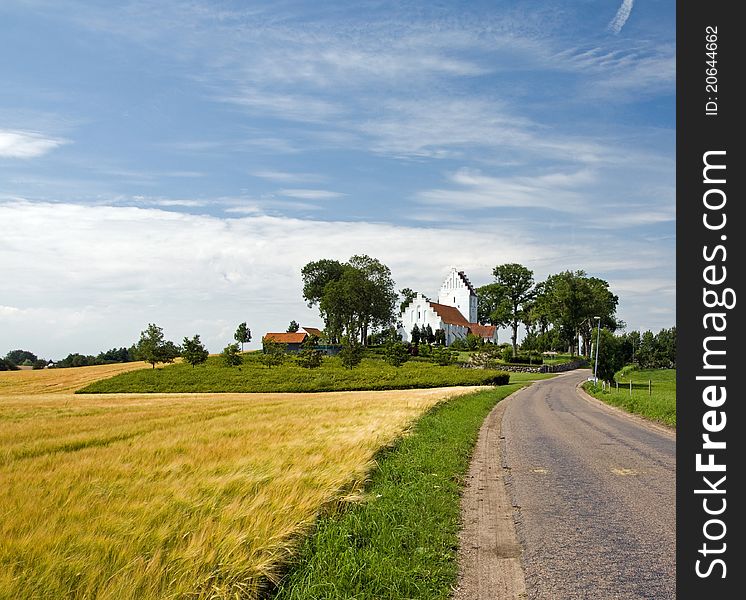 Landscape with typical white church on Funen