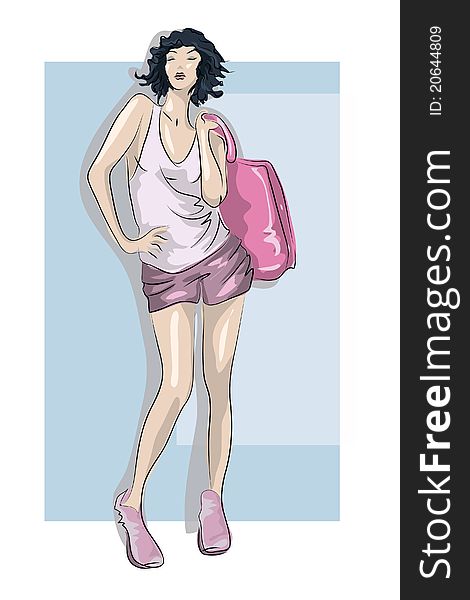 Handdraw sketch beautiful girls in summer clothes with big pink bag. Handdraw sketch beautiful girls in summer clothes with big pink bag