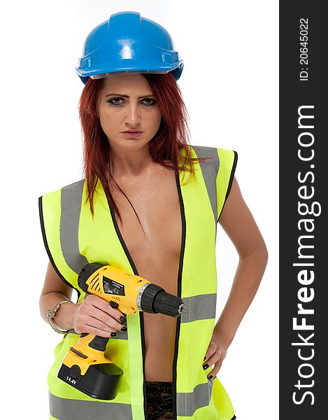 Sexy Girl In Hi Vis Jacket Isolated And Hard Hat W