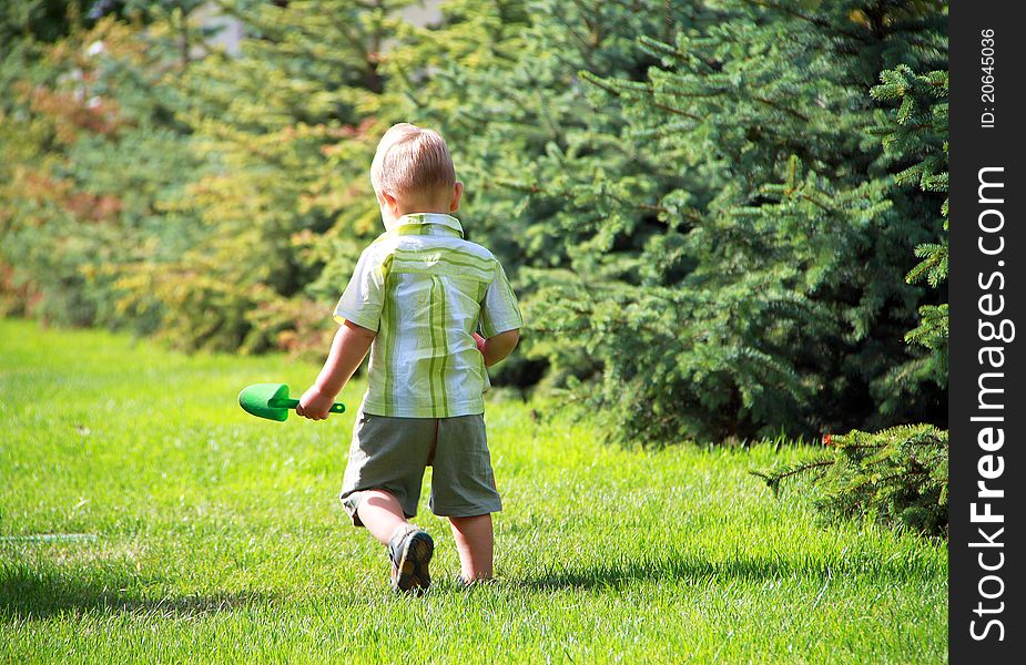 A little boy walks in the park