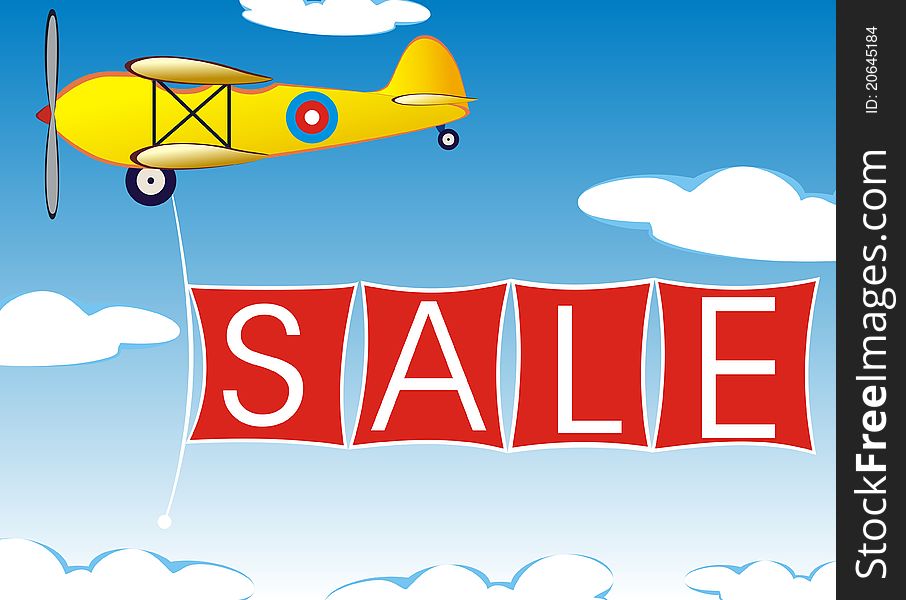 Yellow airplane with sale banner. Yellow airplane with sale banner