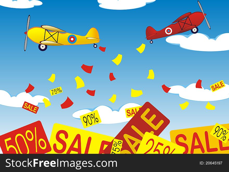 Two airplanes with sale banners. Two airplanes with sale banners