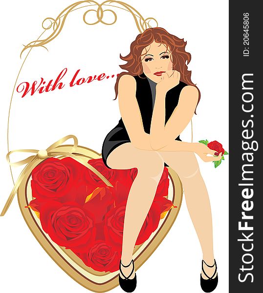 Beautiful woman sitting on the heart with red roses. Valentines card. Illustration. Beautiful woman sitting on the heart with red roses. Valentines card. Illustration