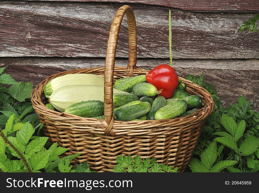 Vegetables different in a basket against a wooden wall