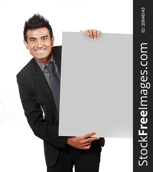 Young Businessman Holding A Blank Sign