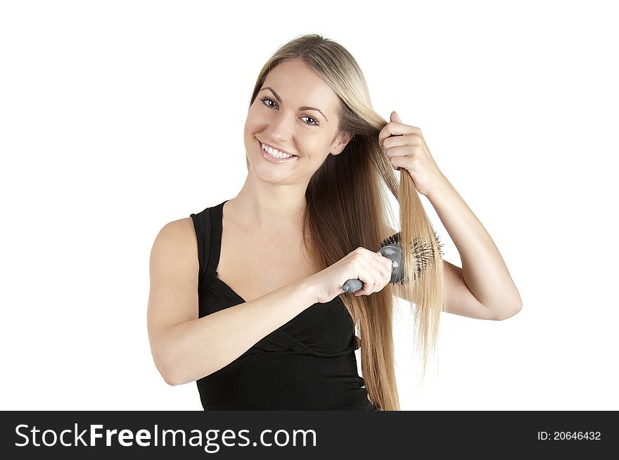 Portrait of beautiful young woman comb long straight hairs on white background with. Portrait of beautiful young woman comb long straight hairs on white background with