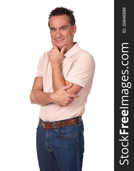 Attractive Smiling Middle Age Man with Hand to Chin in Thoughtful Pose. Attractive Smiling Middle Age Man with Hand to Chin in Thoughtful Pose